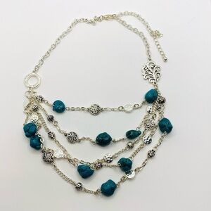 Necklace Faux Green Turquoise Nuggets Silver Tone 18”+2” Multi Strands